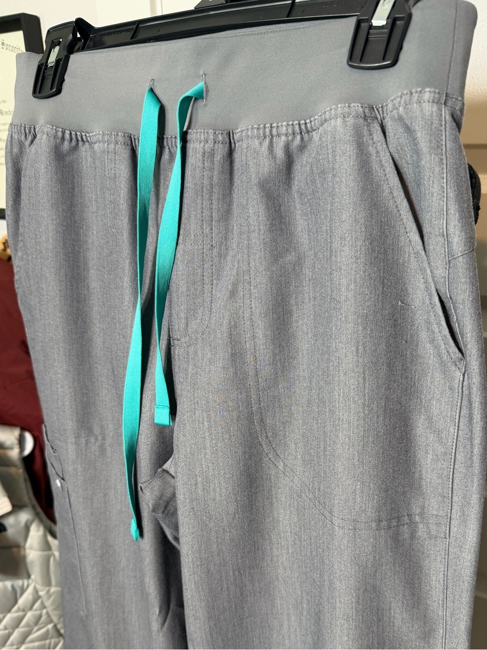 Figs Women's Wide Leg Scrub Pants in Gray with Teal Drawstring - Picture 3 of 6